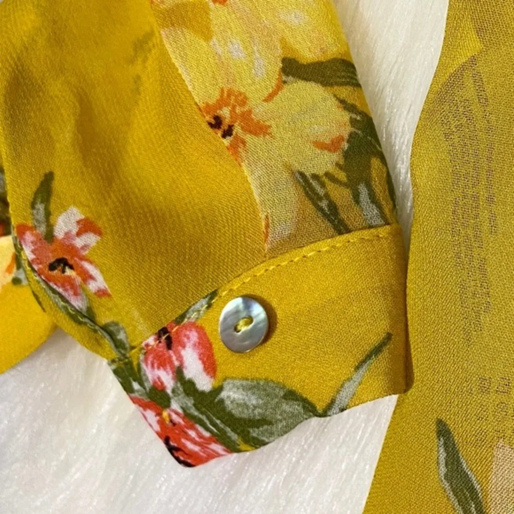 Zara Boho Blouse Oversized Floral Sheer Chiffon Yellow Top V-neck - Picture 9 of 10